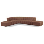 Meridian Furniture - Arc Vegan Leather Upholstered 7-Pc. L-Shaped Modular Sectional, Cognac - Unleash modern opulence with the Arc Vegan Leather 7pc. Sectional. Crafted for the modern connoisseur, this Sectional injects an air of refined luxury into any space. Its sleek silhouette, upholstered in supple cognac vegan leather, exudes timeless sophistication while the deep channel tufting adds textural intrigue, further elevating the chair's visual appeal. The modular design makes it a versatile chameleon, effortlessly adapting to your evolving needs and preferences. Whether you envision it gracing a chic living room corner, basking in the glow of a bedroom window, or adding a touch of drama to a home office, the Arc seamlessly complements your unique interior aesthetic.