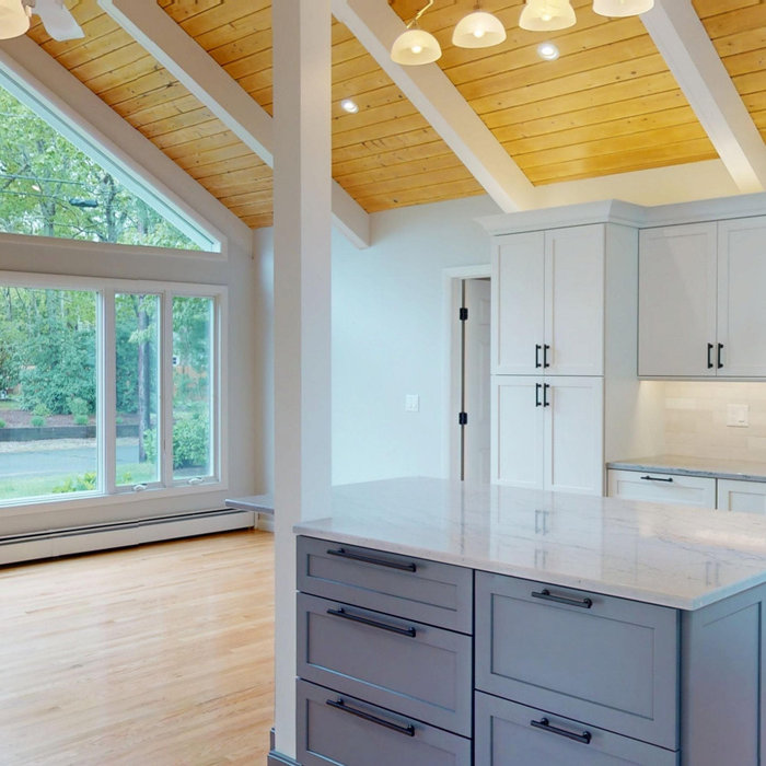 A photo of a high ceiling kitchen