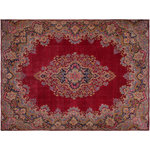 Bareens Designer Rugs - Vintage Antique Staggs Red/Blue Wool Rug - 9'8'' x 13'1'' - A mesmerizing addition to any decor, this brand-new hand knotted vintage wool rug featuring vibrant colors and a traditional design is made by skilled artisans capable of creating the most exceptional Persian knotted rugs. Harnessing the natural energy of the sun, each rug is organically neutralized from its original color, distressed and then saturated in an infusion of a bold vibrant color pallet to give it a fresh perspective and modern appeal. This masterpiece draws its inspiration from traditional and timeless rug designs, which provides both harmony and contrast bringing a phenomenal twist in any decor. An intricate design and exquisite coloration make this wool rug a standout piece for any room.