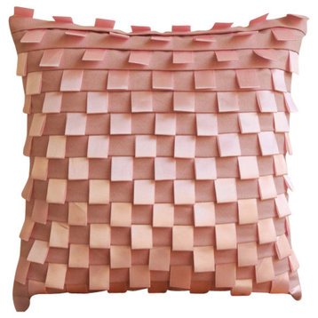 Pintucks & Ribbon Loops Faux Suede Fabric 24"x24" Pillow Shams, Soft Pink Dreams