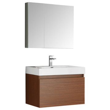 Fresca Mezzo 30" Teak Wall Hung Modern Bathroom Vanity w/ Medicine Cabinet