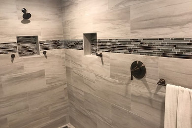 Example of a huge trendy master open shower design in Sacramento with shaker cabinets and granite countertops