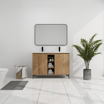BNK 48 Inch Double Sink Bathroom Vanity with Soft Close Doors&Shelves, Imitative Oak-071