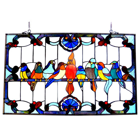 Chloe-Lighting Tiffany-Glass Featuring Gathering Birds Window Panel