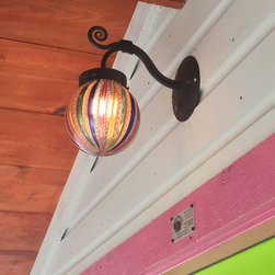 Cottage Living ~ Hand blown glass, hand forged iron scroll mount - Outdoor Wall Lights And Sconces
