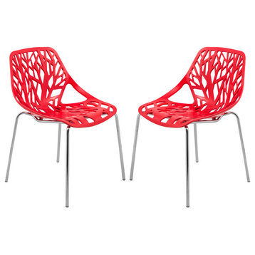 LeisureMod Modern Asbury Dining Chair With Chromed Legs, Set of 2 Red