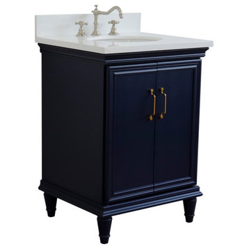 25" Single Vanity, Blue Finish With White Quartz And Oval Sink