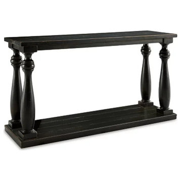 Rustic Console Table, Column Support With Saw Cut Planking Top & Shelf, Black