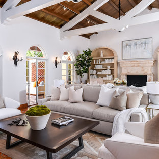 Esempio di un soggiorno mediterraneo con libreria, pareti bianche, pavimento in terracotta, camino classico, cornice del camino in pietra e pavimento arancione