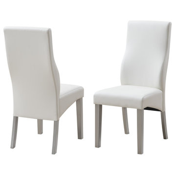 Astra Upholstered Dining Side Chairs, White Vinyl and Champagne Wood, Set of 2