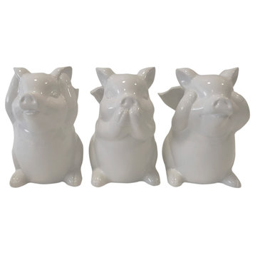Ceramic Set of 3 6" No Evil Pigs, Wings, White