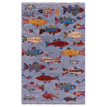 Gabbeh Fish Design Hand-Knotted Wool Rug 4' 1" X 6' 4" - Q15339