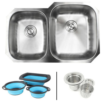 Undermount 16G Stainless Steel 32" 40/60 Double Bowl Kitchen Sink With Colanders