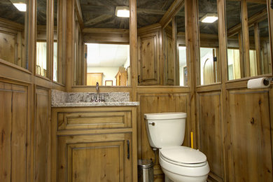 Powder room photo in Chicago with medium tone wood cabinets