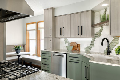Inspiration for a small contemporary galley laminate floor and brown floor eat-in kitchen remodel in Minneapolis with an undermount sink, flat-panel cabinets, green cabinets, granite countertops, green backsplash, ceramic backsplash, stainless steel appliances and multicolored countertops