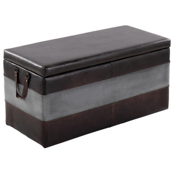 Cobbler Storage Bench, Black Leather and Gray Canvas