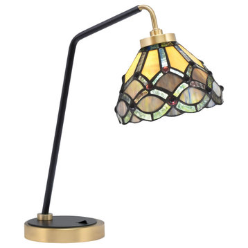 1-Light Desk Lamp, Matte Black/New Age Brass Finish, 7" Grand Merlot Art Glass