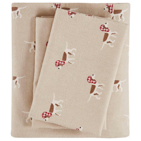 Woolrich Flannel Cotton Flannel Winter Sheet Set, Tan Dog