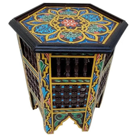 Moroccan Hexagonal Wooden Hand Painted Side Table, Musharabi Maroon