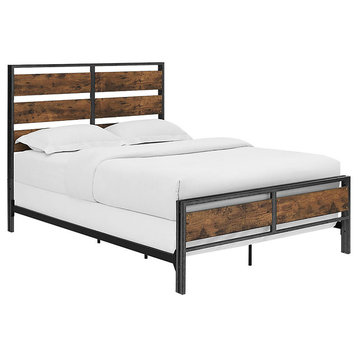 Queen Size Metal and Wood Plank Bed, Brown