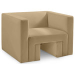 Meridian Furniture - Henson Velvet Upholstered Chair, Camel - Spice up your living room or den with this Henson velvet chair. This handsome chair has a boxy design that suits any contemporary room with ease. It's covered in rich camel velvet that's luxuriously soft to the touch and against the body, making it everyone's favorite seat. The solid wood frame of this modern chair adds durability, resilience, and long-lasting enjoyment to this chair, making it look right at home in your up-to-the-minute space.