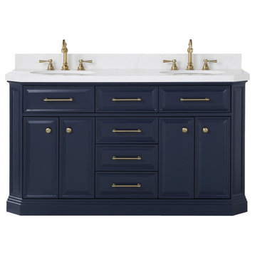 Palace 60 In. Double Sink White Quartz Countertop Vanity In Satin Brass(PVD), Bl