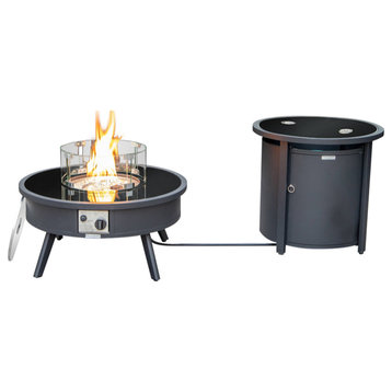 LeisureMod Walbrooke Round Fire Pit Table and Tank Holder, Black