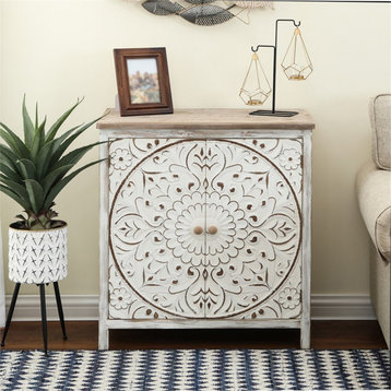 LuxenHome Distressed Floral White Wood 2-Door Storage Cabinet