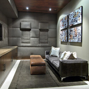 Inspiration for a medium sized contemporary enclosed home cinema in Las Vegas with white floors, porcelain flooring, a built-in media unit and grey walls.