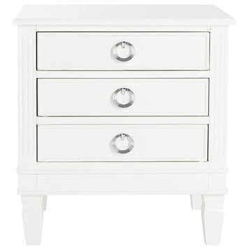 Contemporary Nightstand, 3 Drawers With Elegant Ring Shaped Chrome Pulls, White
