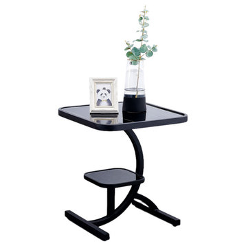 Round/Square Tempered Glass Small Side Table with 2 Layers, Black, Square
