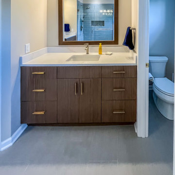 Contemporary Primary Bath with Rich Walnut Veneer Cabinets