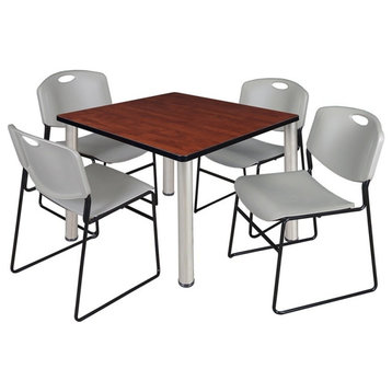 Kee 36" Square Breakroom Table, Cherry, Chrome and 4 Zeng Stack Chairs, Gray