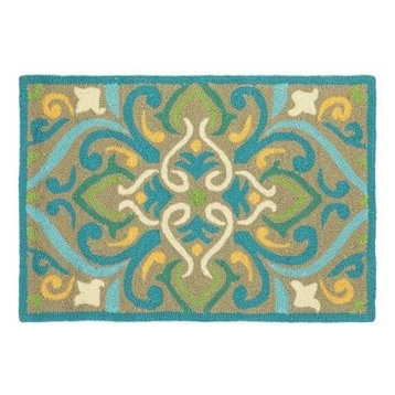 Morocco Damask Hand Hooked 2'x3' Outdoor Doormat, Aqua