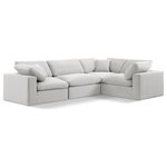 Meridian Furniture - Comfy Upholstered L-Shaped Modular Sectional, Cream, 4-Piece: 1 Armless Chair, 3 Corner Chair, Velvet - Give your space a whole new look with this cream Comfy velvet sectional. This handsome sectional fits nicely with other items in the Comfy collection and is a versatile seating option designed for adaptability, comfort and style. Wrapped in rich cream durable velvet upholstery, this sectional offers a plush embrace of overstuffed down feather cushions, carefully crafted to deliver the highest level of comfort. The perfect seat for creating an oasis for relaxation, this sectional has thick foam surrounding its frame for added support and coziness.