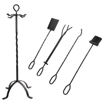 5-Piece Fireplace Tool Set Black Wrought Iron Scroll Design Firewood Holder