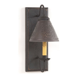 USA Handcrafted - Wood & Metal Primitive Wall Sconce with Punched Tin Lamp Shade - Wall Sconces
