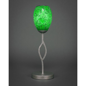 Revo Mini Table Lamp In Aged Silver, 5" Green Fusion Glass