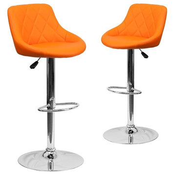 Contemporary Orange Vinyl Bucket Seat Adjustable Height Barstools, Set of 2
