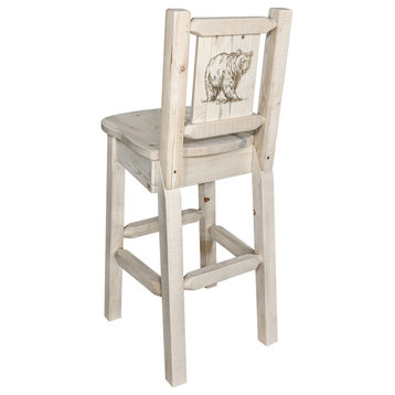 Homestead Counter Height Barstool With Laser Engraved Bear, Clear Lacquer Finish