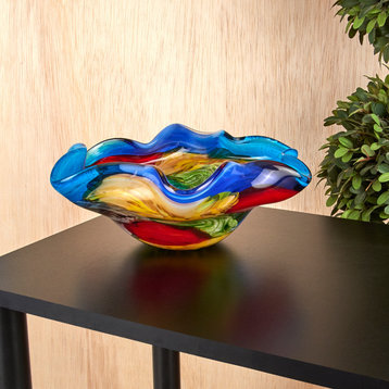 Stormy Rainbow Murano Style Art Glass Floppy Centerpiece Bowl, 8.5"