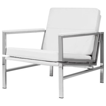 Modern Accent Chair, Chrome Frame, Bonded Leather Seat With Padded Arms, White