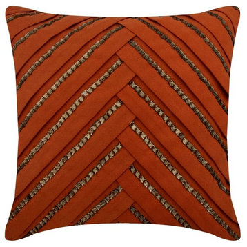 Pleated Crystal Embroidered Orange Suede 16"x16" Pillow Cover, Crystal Rust