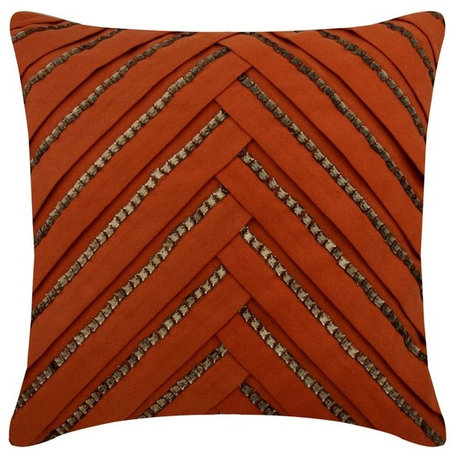 Pleated Crystal Embroidered Orange Suede 16"x16" Pillow Cover, Crystal Rust