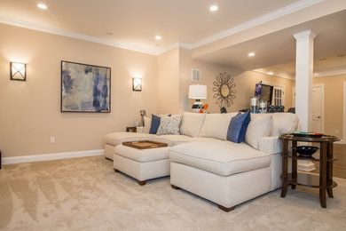 Transitional walk-out carpeted and beige floor basement photo in DC Metro with beige walls