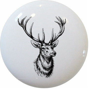 Black and White Deer Buck Head Ceramic Cabinet Drawer Knob
