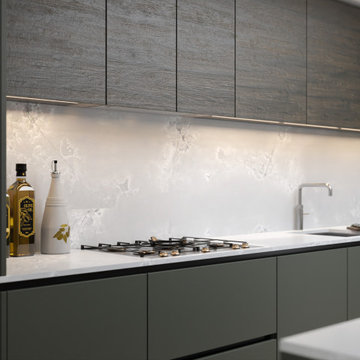 Dark Green and Dark Wood Kitchen with Classic Quartz Worktop