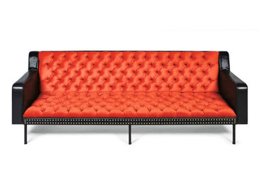 Oto Modern Red Sofa - Glaze Faux Leather, Velvet, leather wrapped aluminum