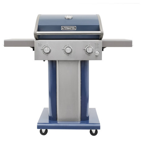 Permasteel 3 Burner Propane Gas Grill with Folding Side Shelves, Azure