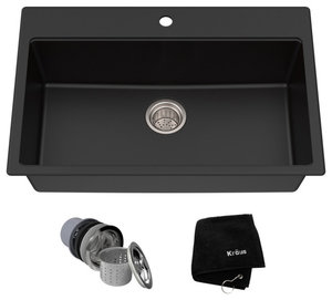 31" Drop-In Undermount Granite Composite Single Bowl Kitchen Sink, Black